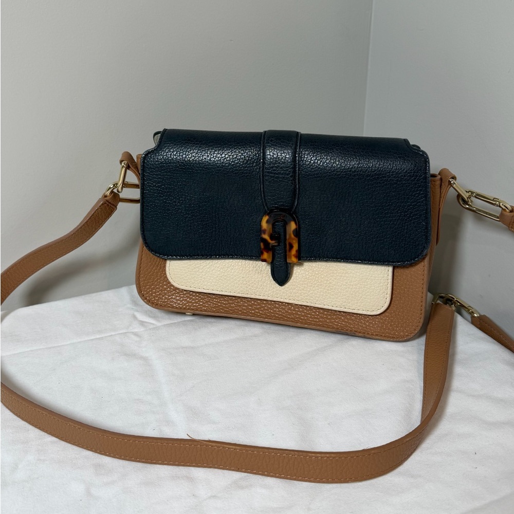 Furla Sofia Grainy Small Top Handle Bag Elegant Black Cream Tan Genuine Leather